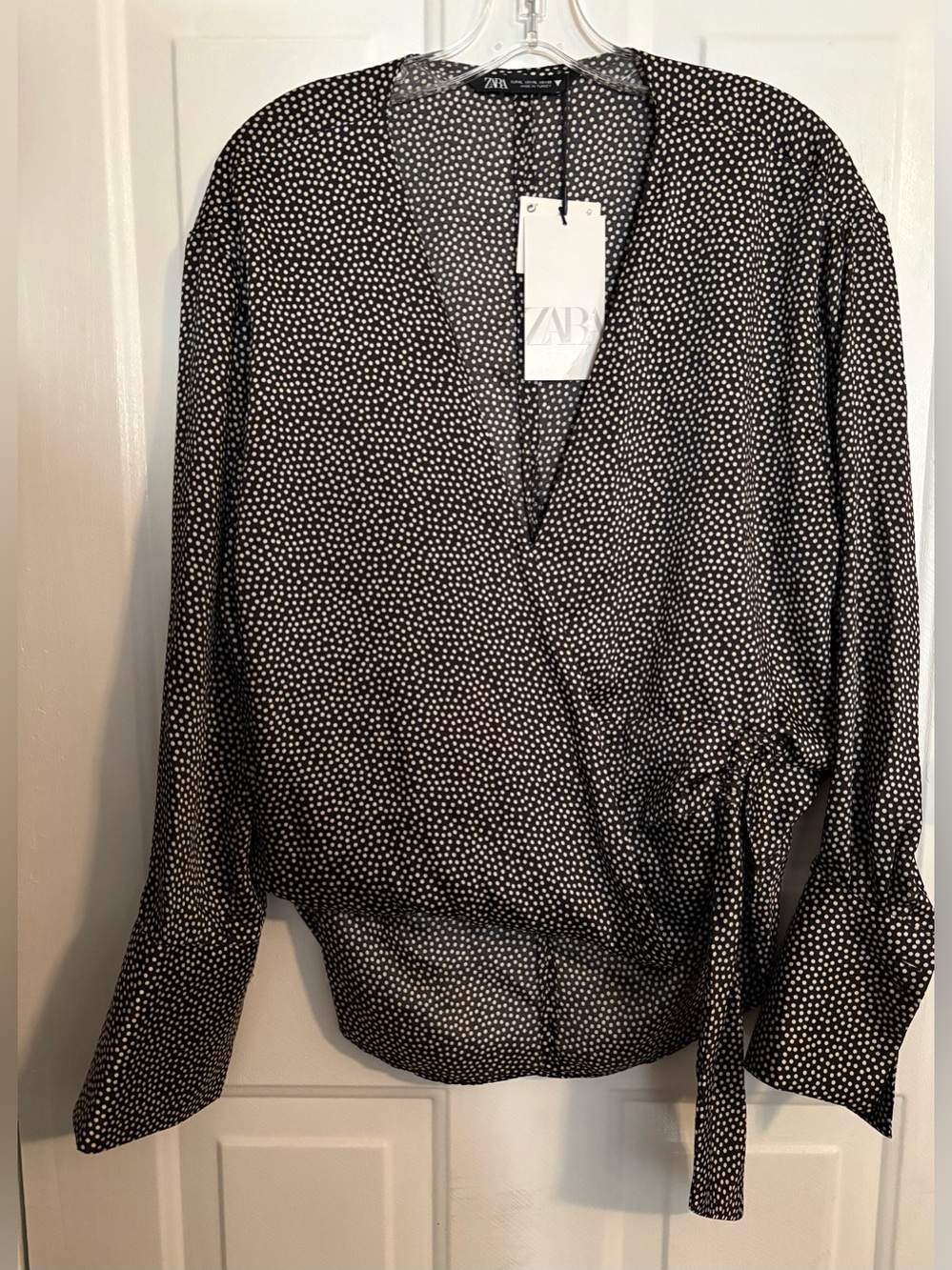 Zara Black & White Polka Dot Faux Wrap Blouse with Wide Cuff Sleeves - Picture 4 of 16